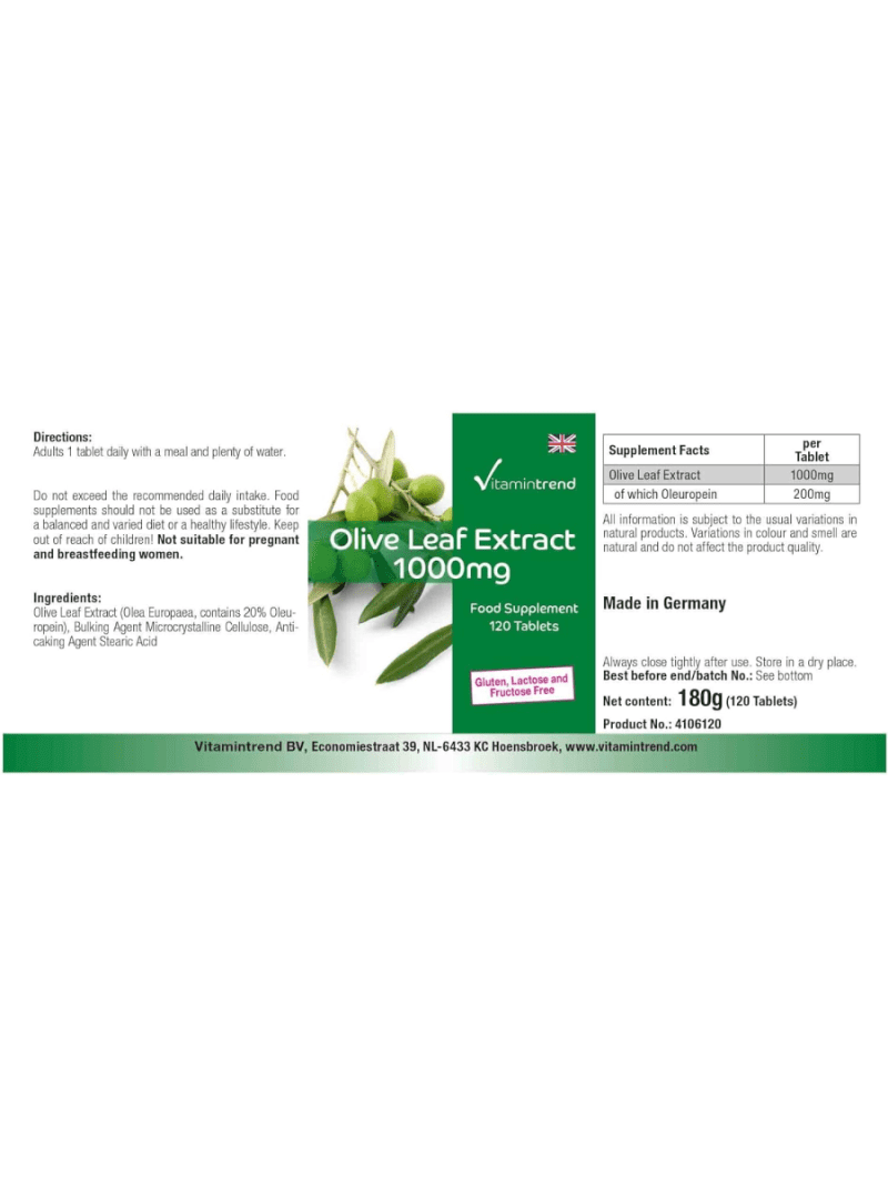 Feuilles d'Olivier 1000mg Maroc - 120 comprimés - Végan - Hautement dosé - 20% d'oleuropéine 3