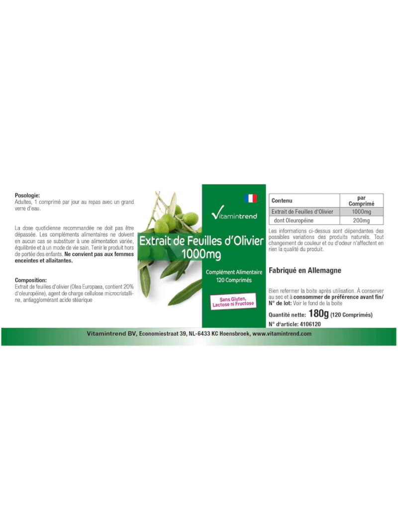 Feuilles d'Olivier 1000mg Maroc - 120 comprimés - Végan - Hautement dosé - 20% d'oleuropéine 4