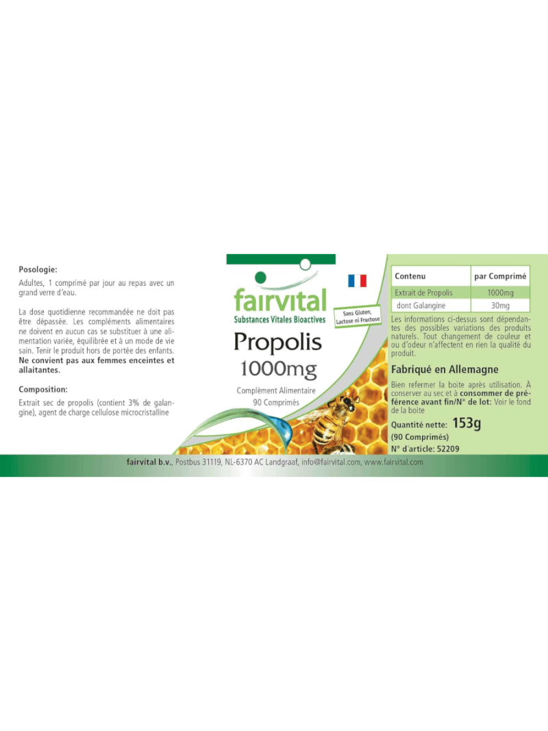 Propolis 1000mg Maroc Prix Pharmacie dosage élevé 90 comprimés sans gluten 3% de Galangin fr