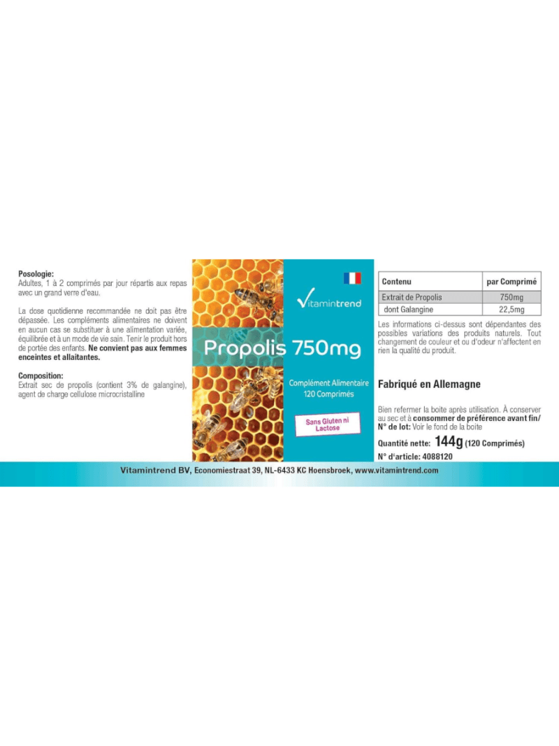 Propolis 750mg Maroc Prix Pharmacie dosage élevé 120 comprimés vegan sans gluten 3% de Galangin en